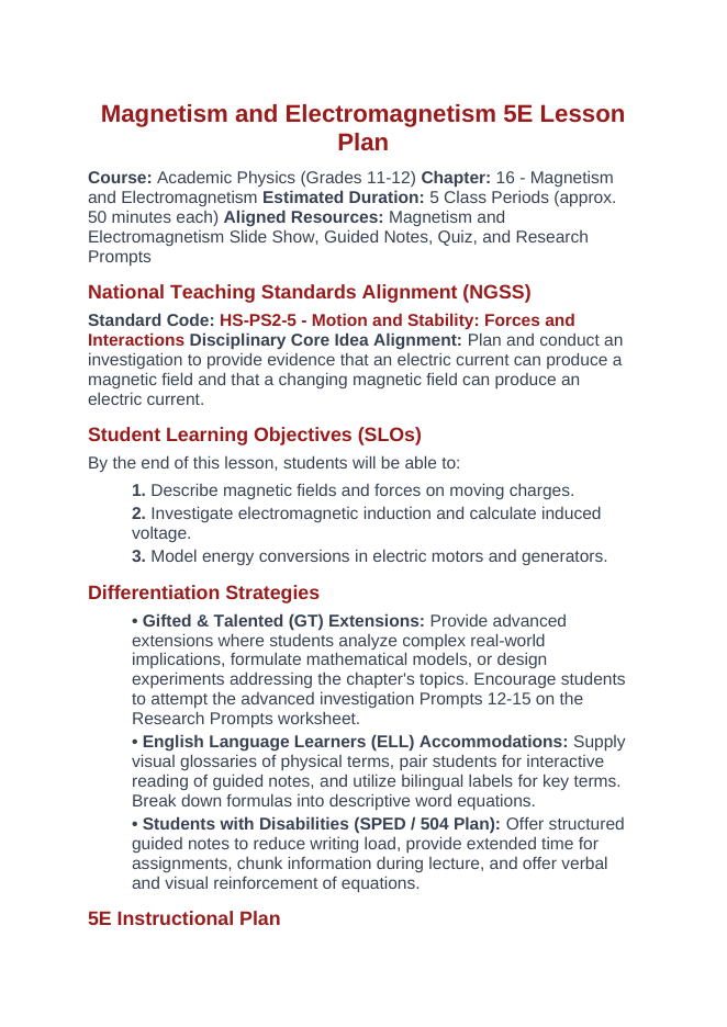 Magnetism & Electromagnetism 5E Lesson Plan sample page