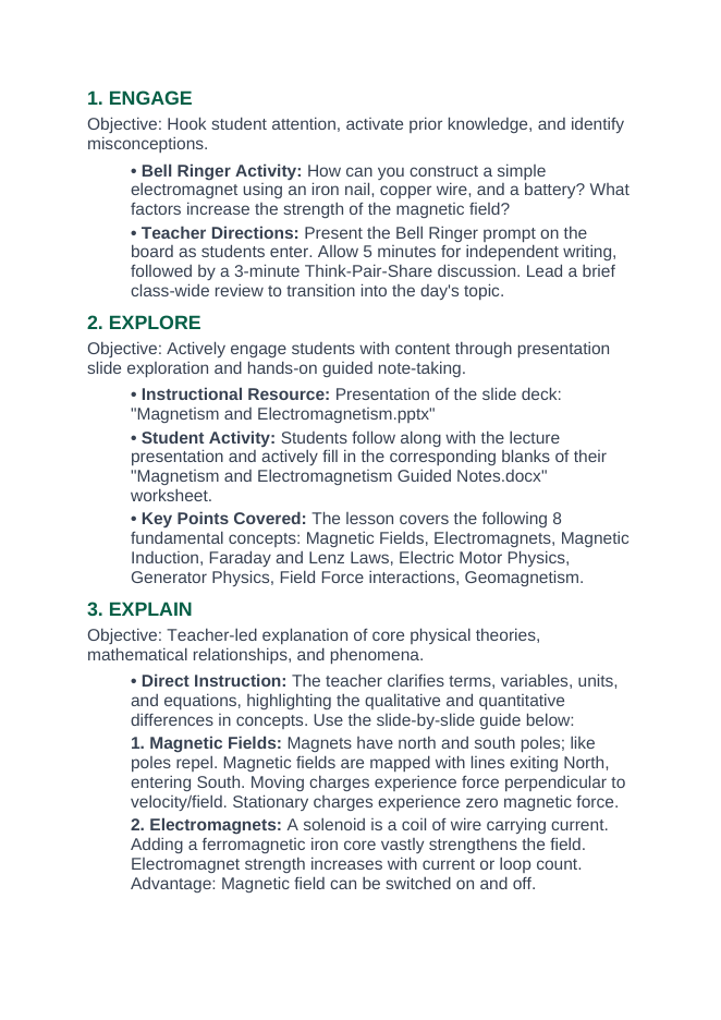 Magnetism & Electromagnetism 5E Lesson Plan sample page