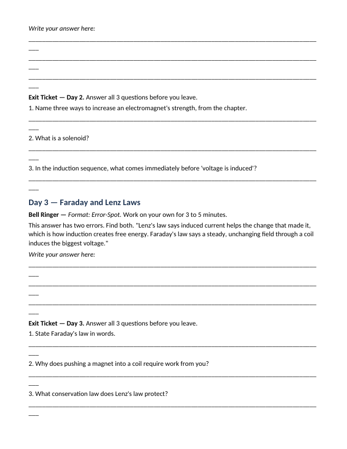 Magnetism & Electromagnetism Bell Ringers & Exit Tickets sample page