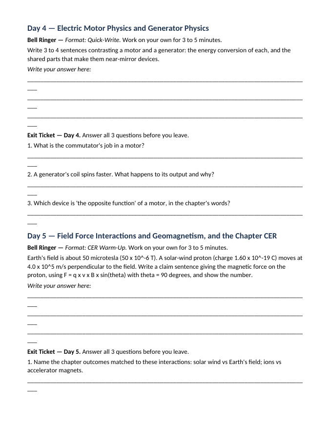 Magnetism & Electromagnetism Bell Ringers & Exit Tickets sample page