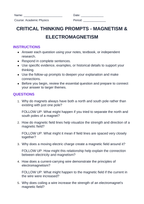 Magnetism & Electromagnetism Critical Thinking Prompts sample page