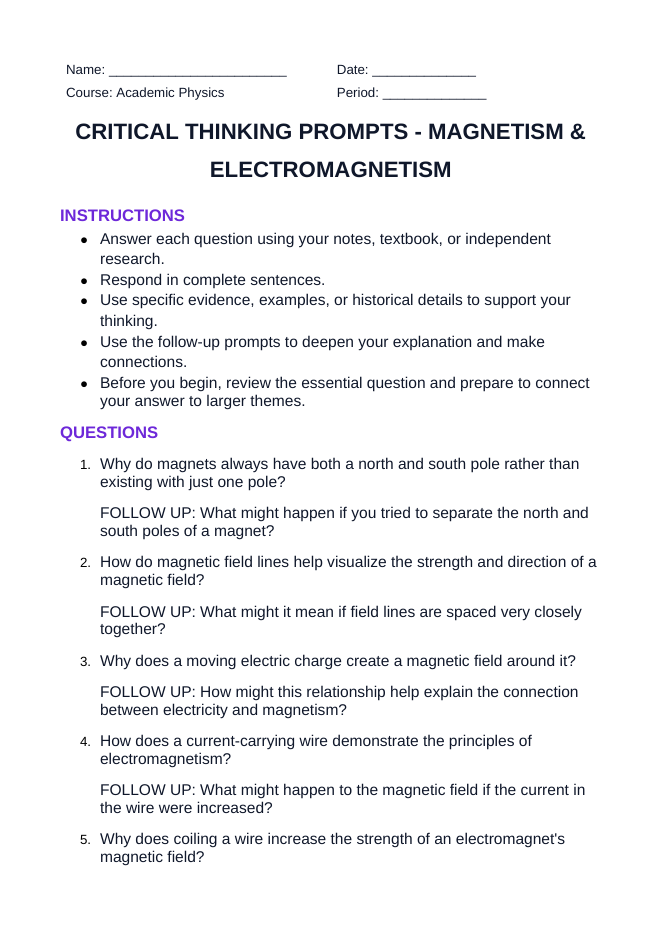 Magnetism & Electromagnetism Critical Thinking Prompts sample page