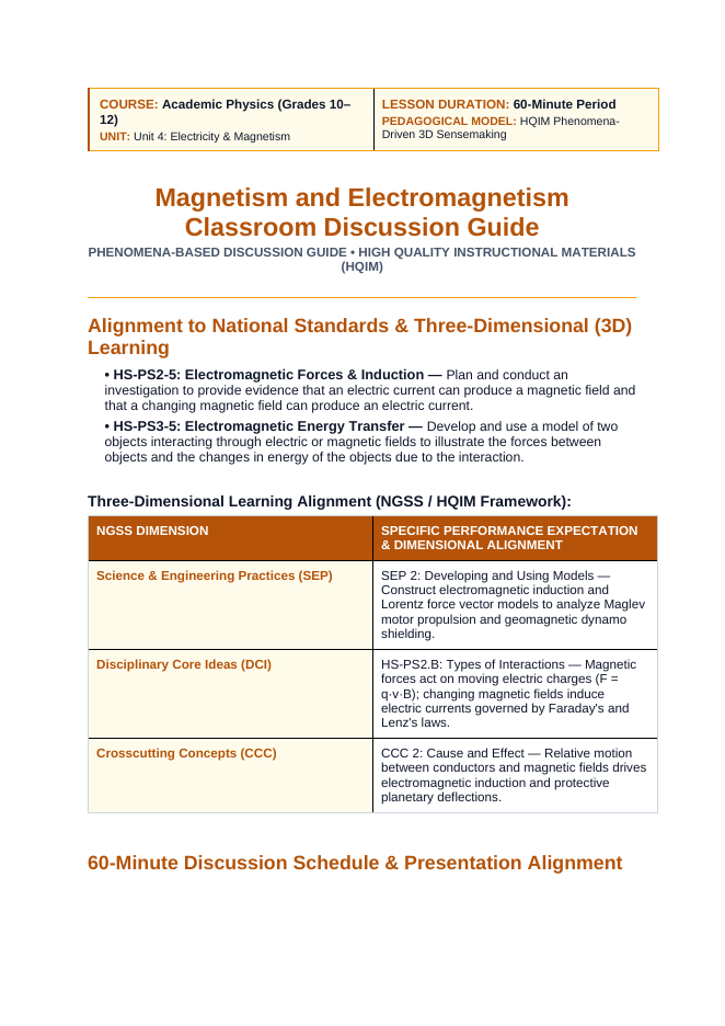 Magnetism & Electromagnetism Phenomena-Based Lesson: Electromagnetic Propulsion in 600 km/h Maglev Trains and Earth's Geodynamo Shielding the Biosphere from Solar Wind Teacher Discussion Guide sample page