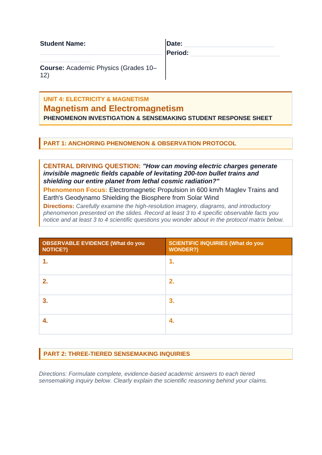 Magnetism & Electromagnetism Phenomena-Based Lesson: Electromagnetic Propulsion in 600 km/h Maglev Trains and Earth's Geodynamo Shielding the Biosphere from Solar Wind Student Response Sheet sample page