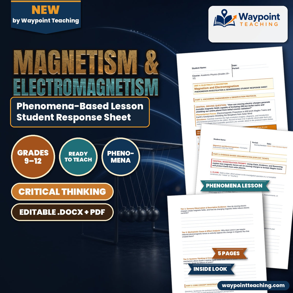Magnetism & Electromagnetism Phenomena-Based Lesson: Electromagnetic Propulsion in 600 km/h Maglev Trains and Earth's Geodynamo Shielding the Biosphere from Solar Wind Student Response Sheet cover