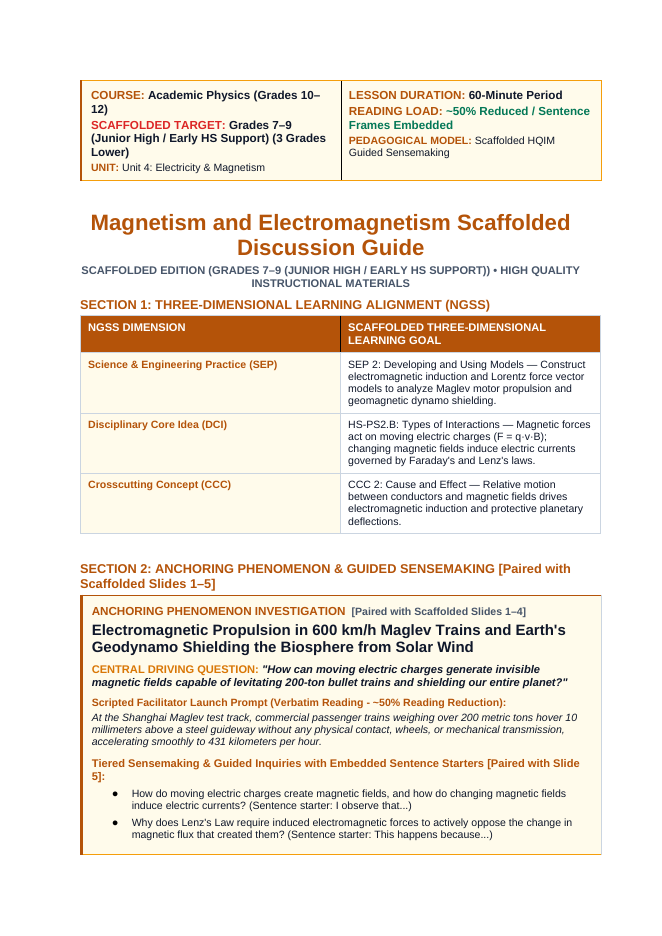 Magnetism & Electromagnetism Scaffolded Phenomena-Based Lesson: Electromagnetic Propulsion in 600 km/h Maglev Trains and Earth's Geodynamo Shielding the Biosphere from Solar Wind Teacher Discussion Guide sample page