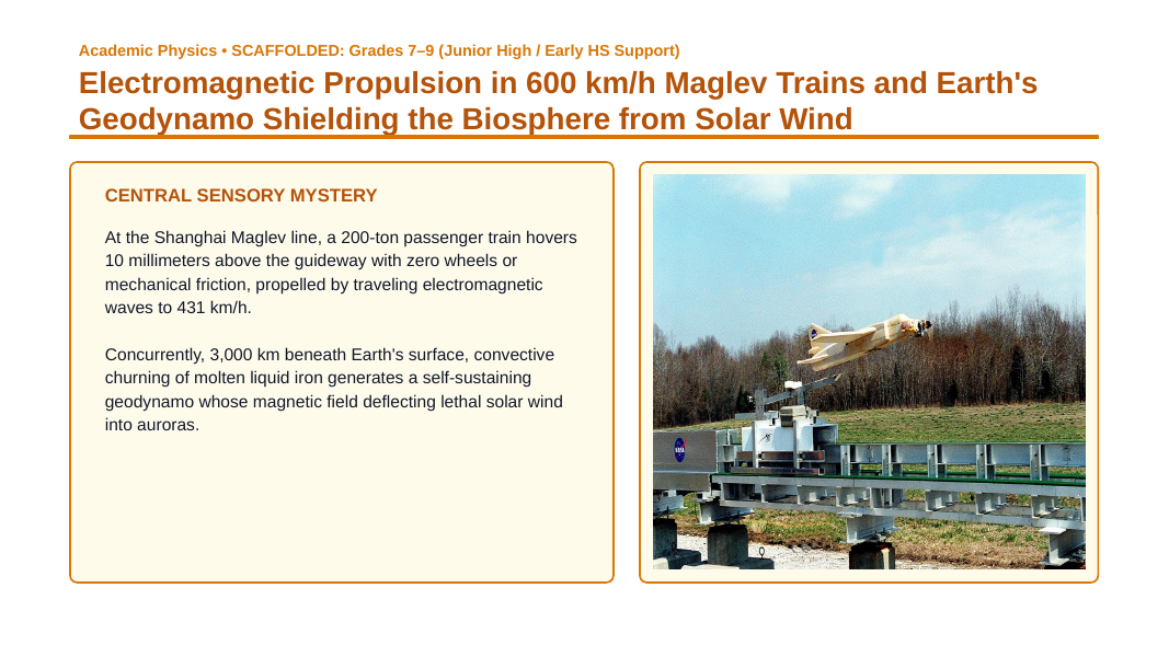 Magnetism & Electromagnetism Scaffolded Phenomena-Based Lesson: Electromagnetic Propulsion in 600 km/h Maglev Trains and Earth's Geodynamo Shielding the Biosphere from Solar Wind Presentation sample page