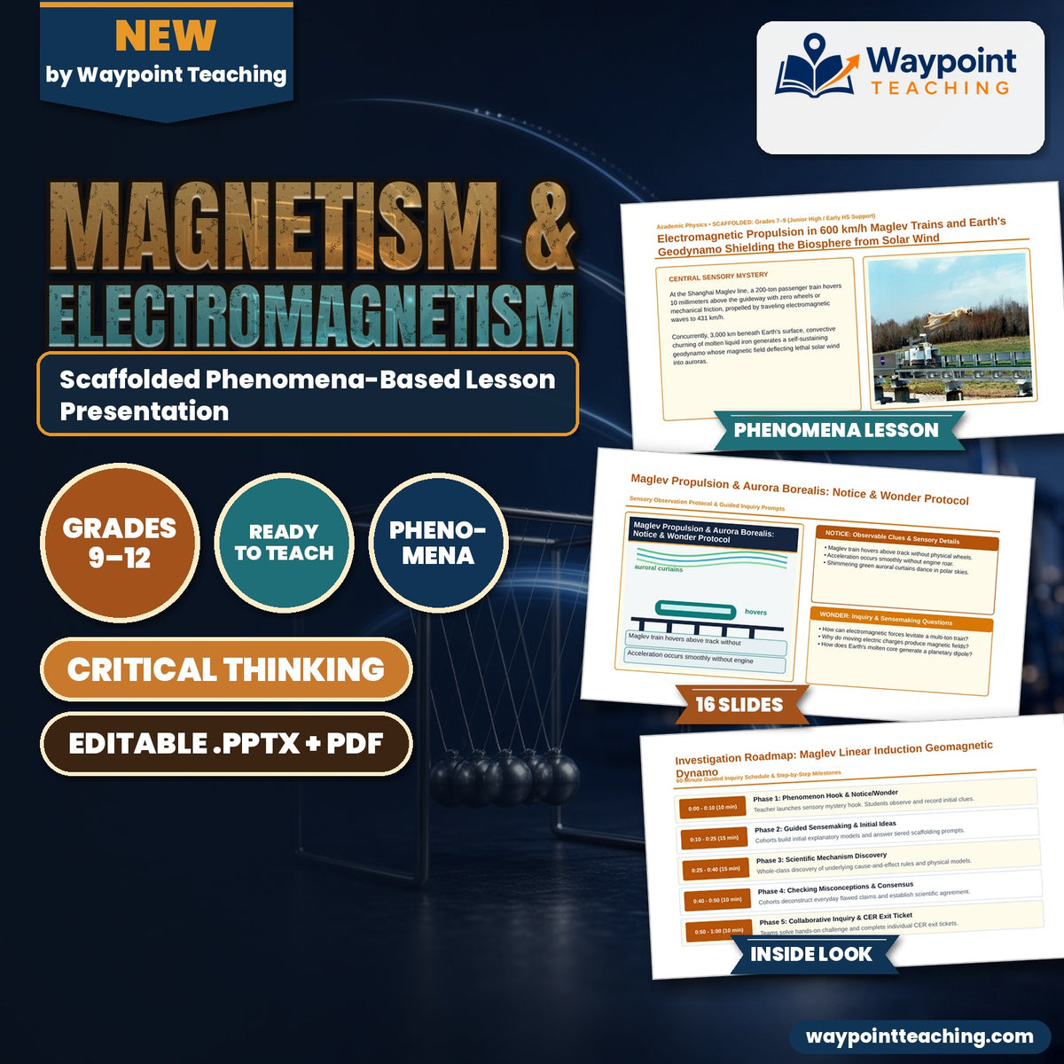 Magnetism & Electromagnetism Scaffolded Phenomena-Based Lesson: Electromagnetic Propulsion in 600 km/h Maglev Trains and Earth's Geodynamo Shielding the Biosphere from Solar Wind Presentation cover