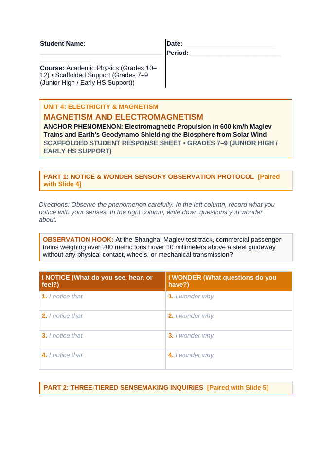 Magnetism & Electromagnetism Scaffolded Phenomena-Based Lesson: Electromagnetic Propulsion in 600 km/h Maglev Trains and Earth's Geodynamo Shielding the Biosphere from Solar Wind Student Response Sheet sample page