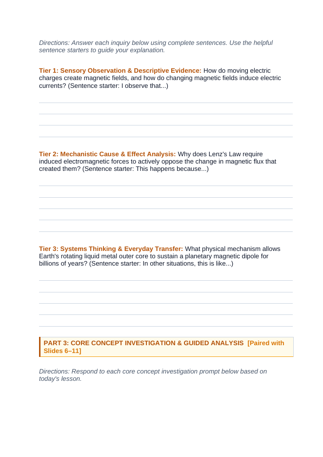 Magnetism & Electromagnetism Scaffolded Phenomena-Based Lesson: Electromagnetic Propulsion in 600 km/h Maglev Trains and Earth's Geodynamo Shielding the Biosphere from Solar Wind Student Response Sheet sample page