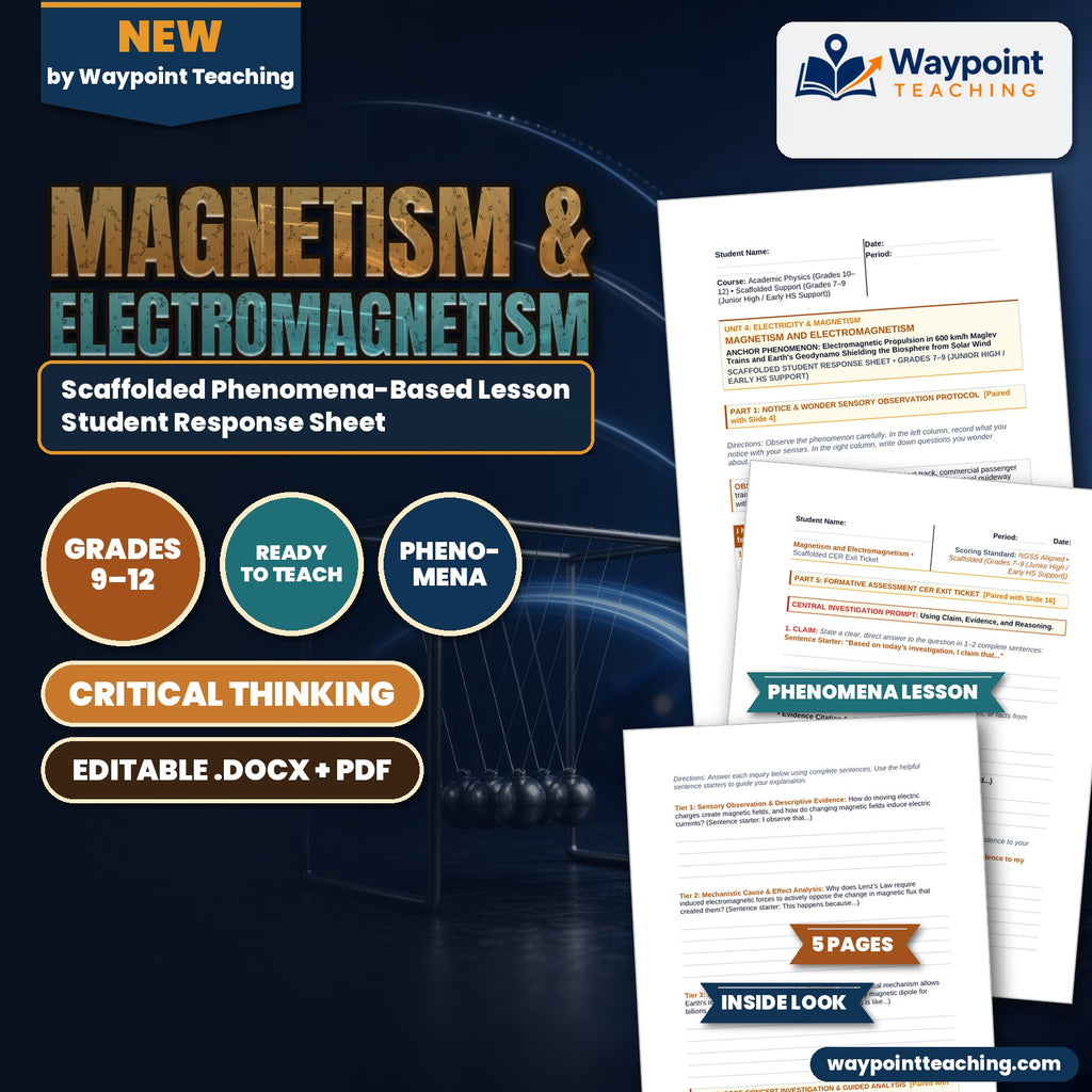 Magnetism & Electromagnetism Scaffolded Phenomena-Based Lesson: Electromagnetic Propulsion in 600 km/h Maglev Trains and Earth's Geodynamo Shielding the Biosphere from Solar Wind Student Response Sheet cover