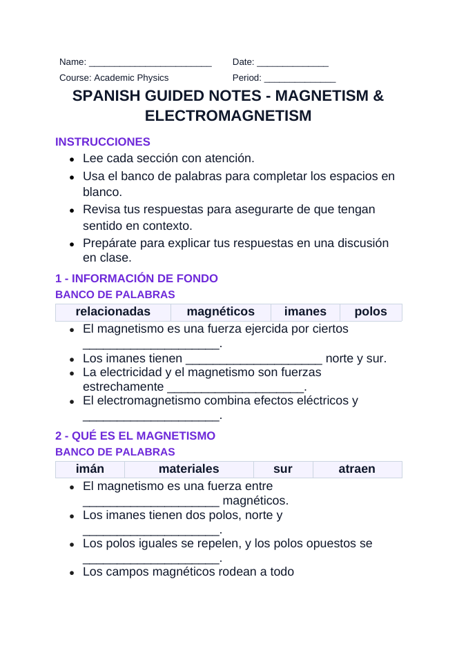 Magnetism & Electromagnetism Spanish Guided Notes sample page