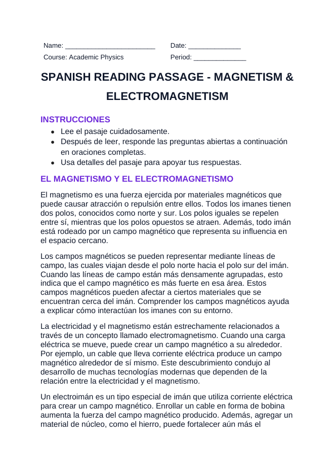 Magnetism & Electromagnetism Spanish Reading Passage & Comprehension Questions sample page