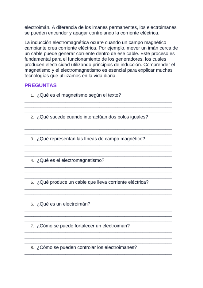 Magnetism & Electromagnetism Spanish Reading Passage & Comprehension Questions sample page
