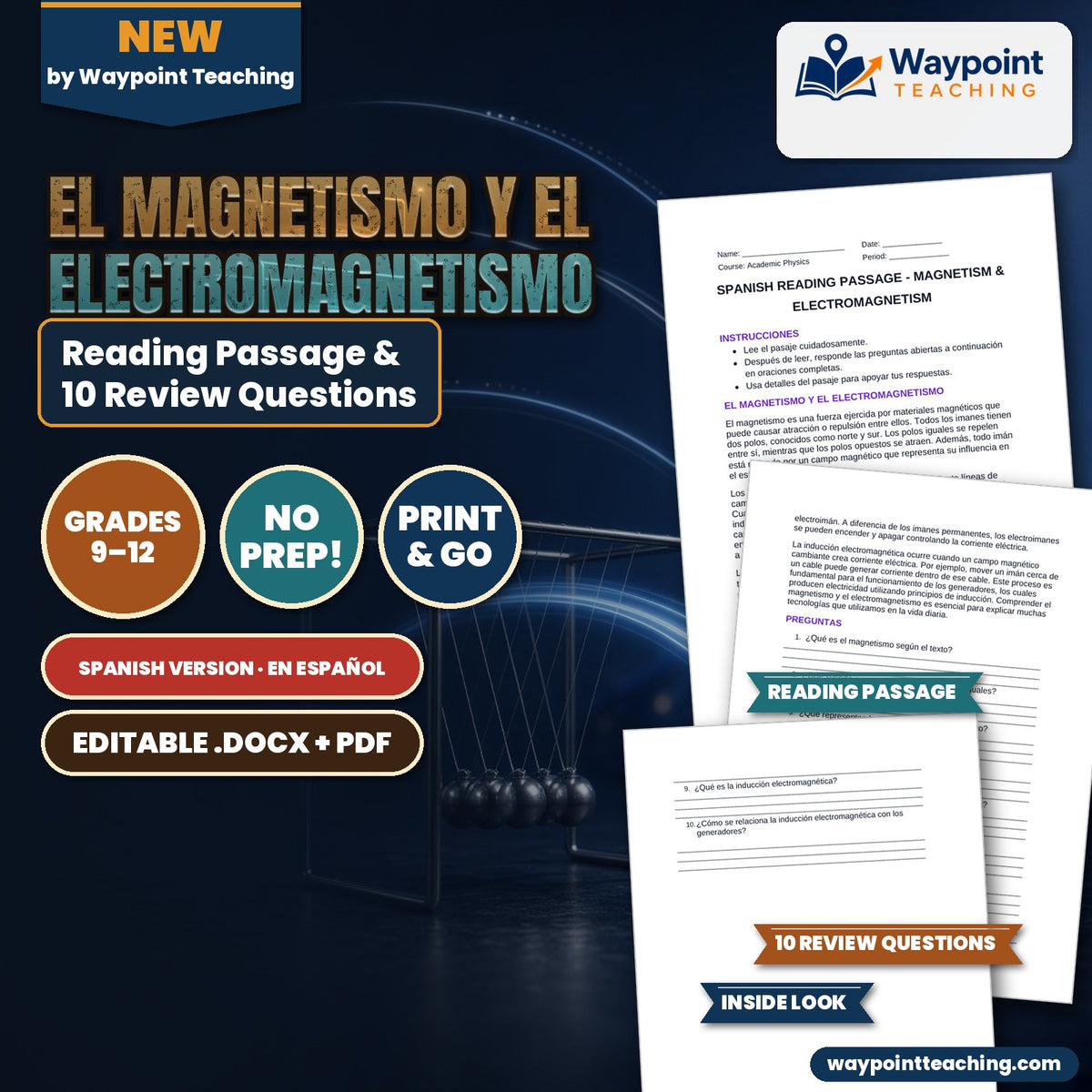 Magnetism & Electromagnetism Spanish Reading Passage & Comprehension Questions cover