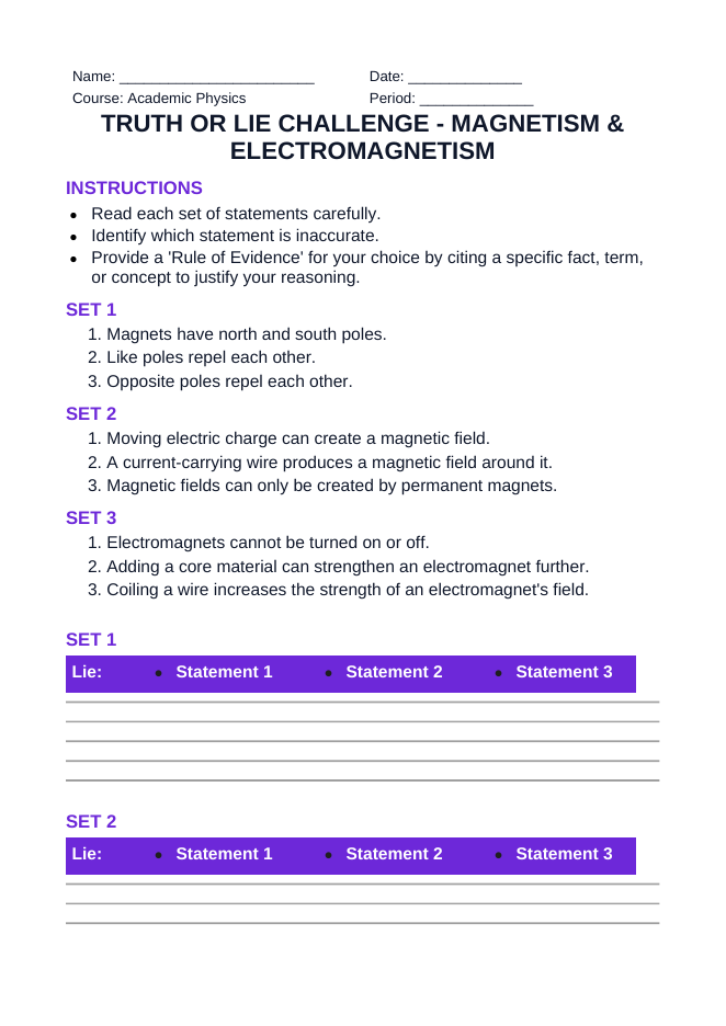 Magnetism & Electromagnetism Truth or Lie Challenge sample page