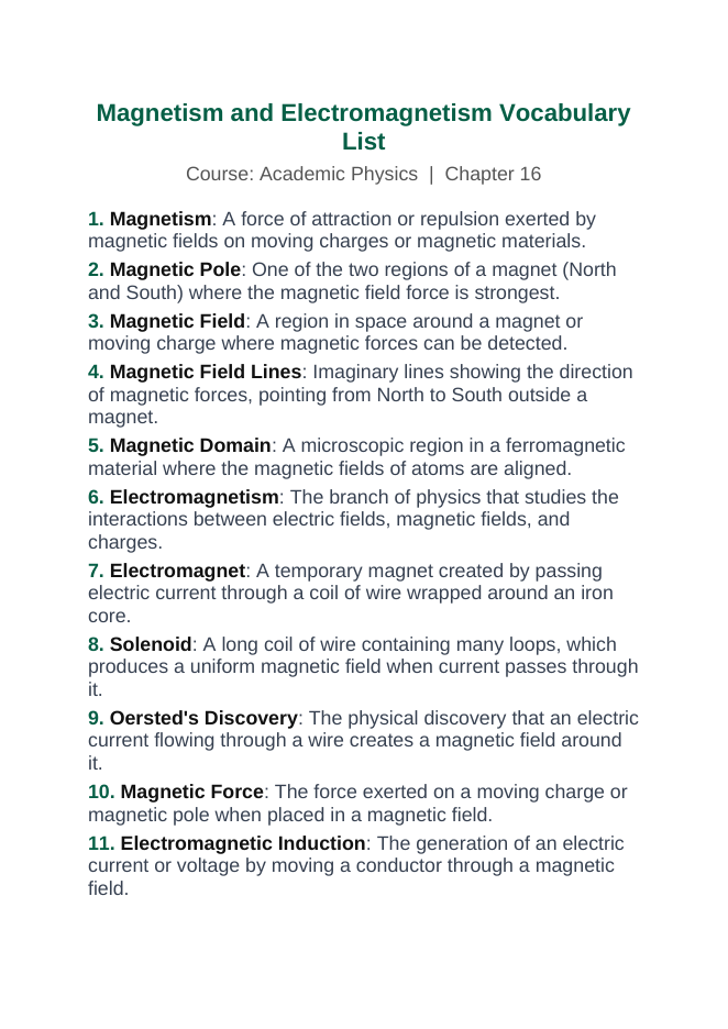 Magnetism & Electromagnetism Vocabulary Words & Definitions sample page