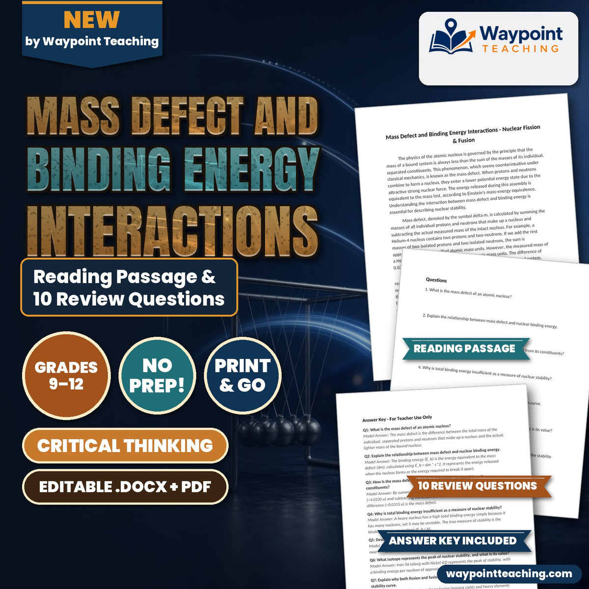 Mass Defect and Binding Energy Interactions Reading Worksheet cover