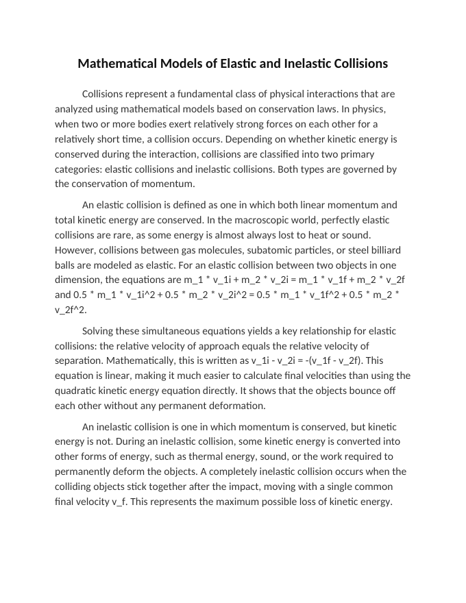 Mathematical Models of Elastic and Inelastic Collisions Reading Worksheet sample page