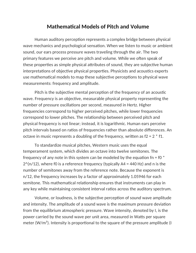 Mathematical Models of Pitch and Volume Reading Worksheet sample page