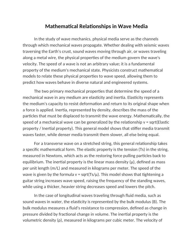 Mathematical Relationships in Wave Media Reading Worksheet sample page