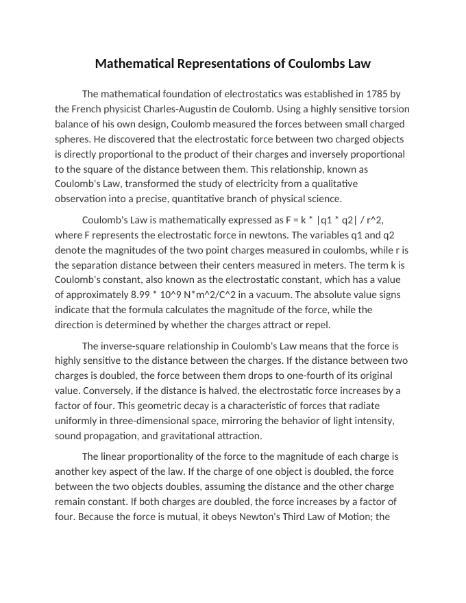 Mathematical Representations of Coulombs Law Reading Worksheet sample page