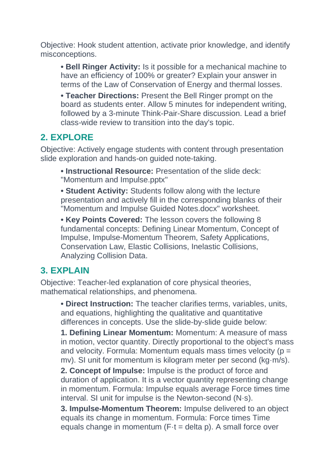 Momentum & Impulse 5E Lesson Plan sample page