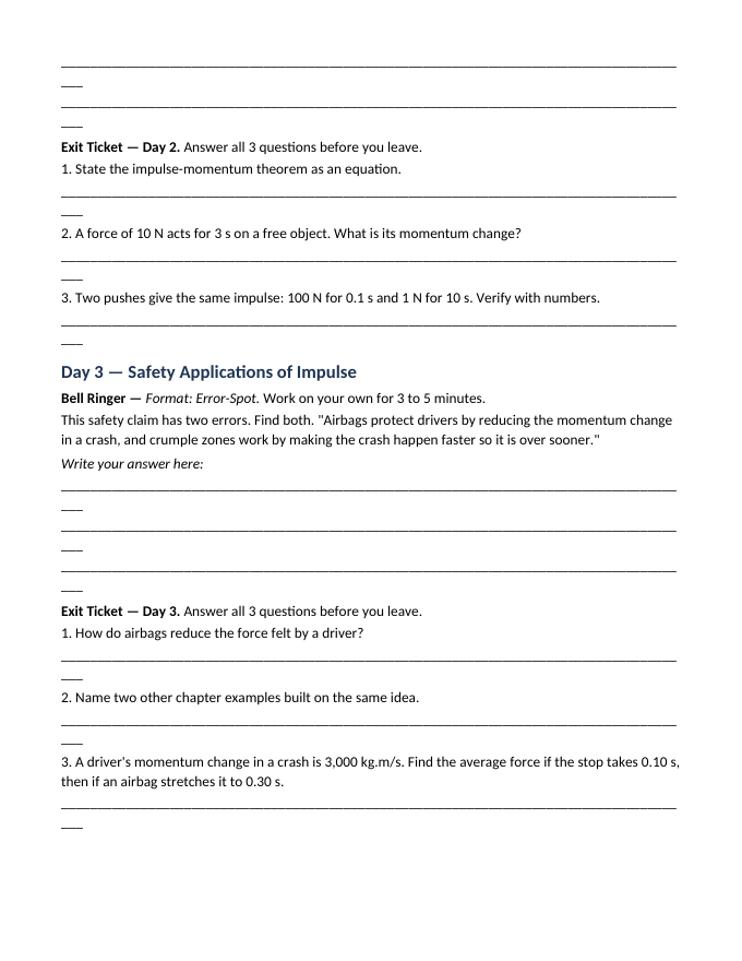 Momentum & Impulse Bell Ringers & Exit Tickets sample page