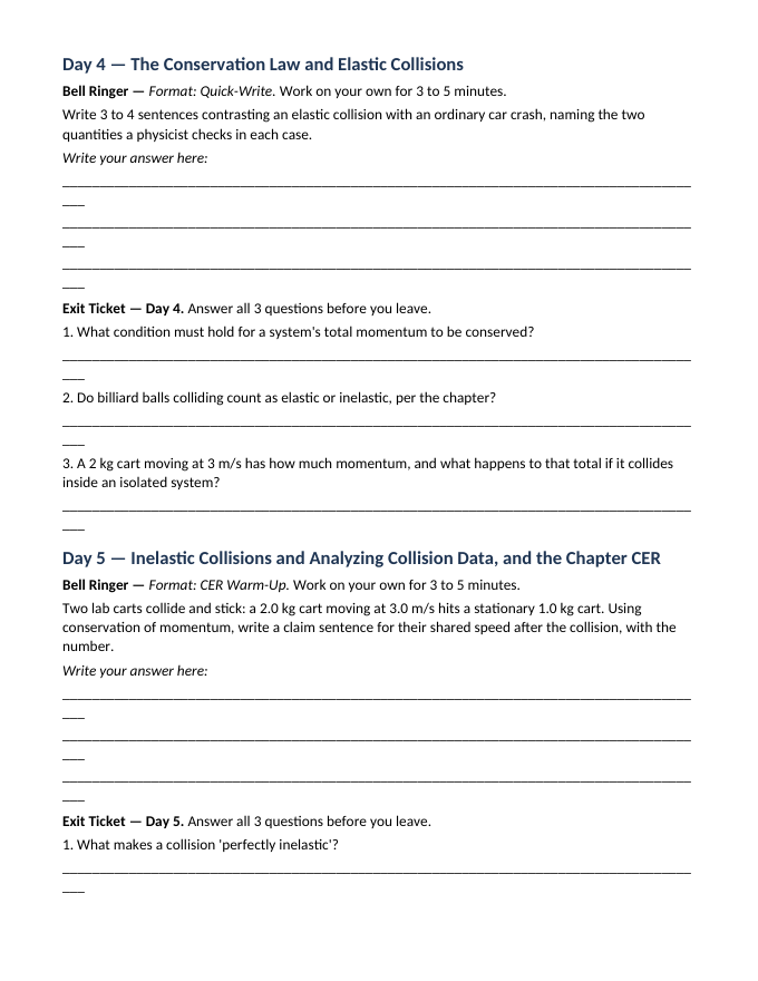 Momentum & Impulse Bell Ringers & Exit Tickets sample page