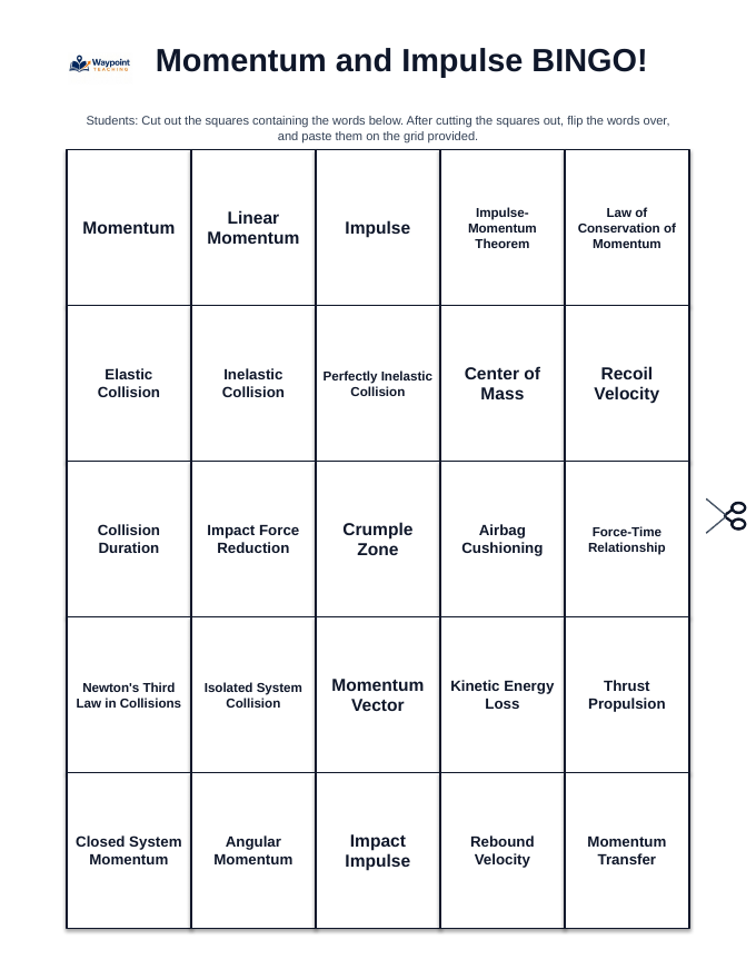 Momentum & Impulse BINGO Review Game sample page