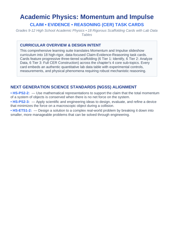 Momentum & Impulse CER Task Cards sample page