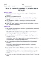 Momentum & Impulse Critical Thinking Prompts sample page