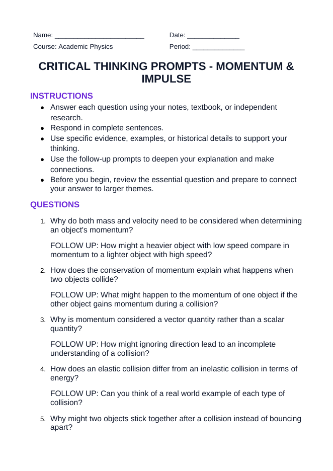 Momentum & Impulse Critical Thinking Prompts sample page