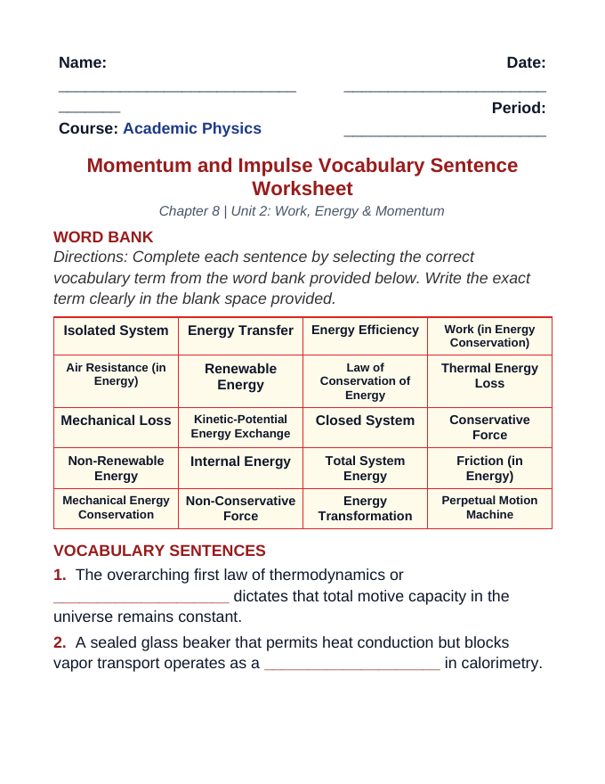 Momentum & Impulse Fill-in-the-Blank Vocabulary Worksheet sample page