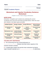 Momentum & Impulse Fill-in-the-Blank Vocabulary Worksheet sample page