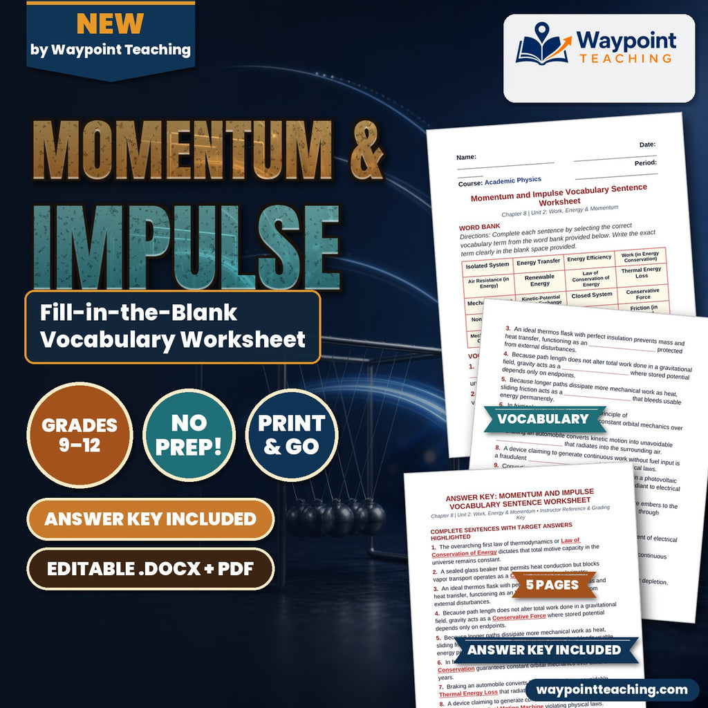 Momentum & Impulse Fill-in-the-Blank Vocabulary Worksheet cover