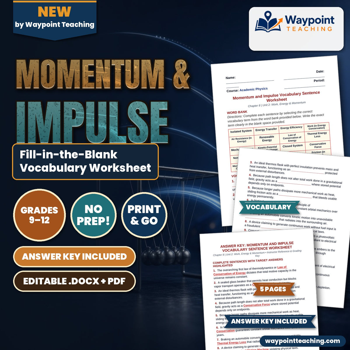 Momentum & Impulse Fill-in-the-Blank Vocabulary Worksheet cover