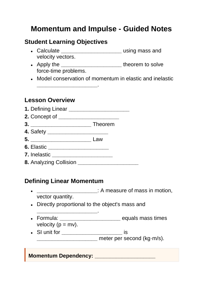 Momentum & Impulse Guided Notes sample page
