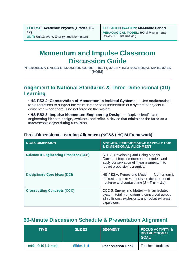 Momentum & Impulse Phenomena-Based Lesson: Accelerating a Interplanetary Spacecraft to 40,000 km/h Using the Thrust of a Single Sheet of Paper Teacher Discussion Guide sample page