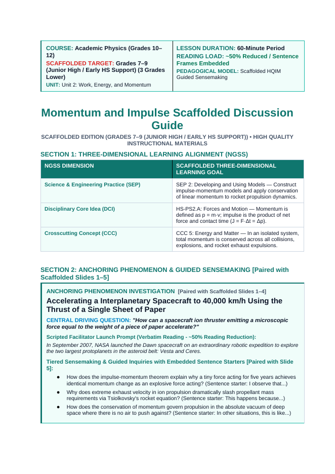Momentum & Impulse Scaffolded Phenomena-Based Lesson: Accelerating a Interplanetary Spacecraft to 40,000 km/h Using the Thrust of a Single Sheet of Paper Teacher Discussion Guide sample page