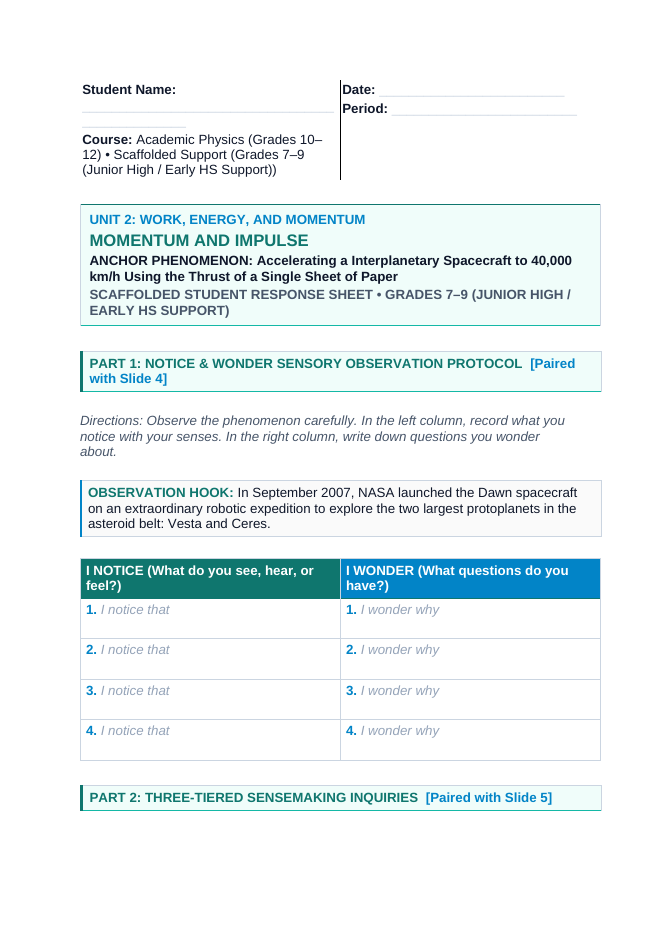 Momentum & Impulse Scaffolded Phenomena-Based Lesson: Accelerating a Interplanetary Spacecraft to 40,000 km/h Using the Thrust of a Single Sheet of Paper Student Response Sheet sample page