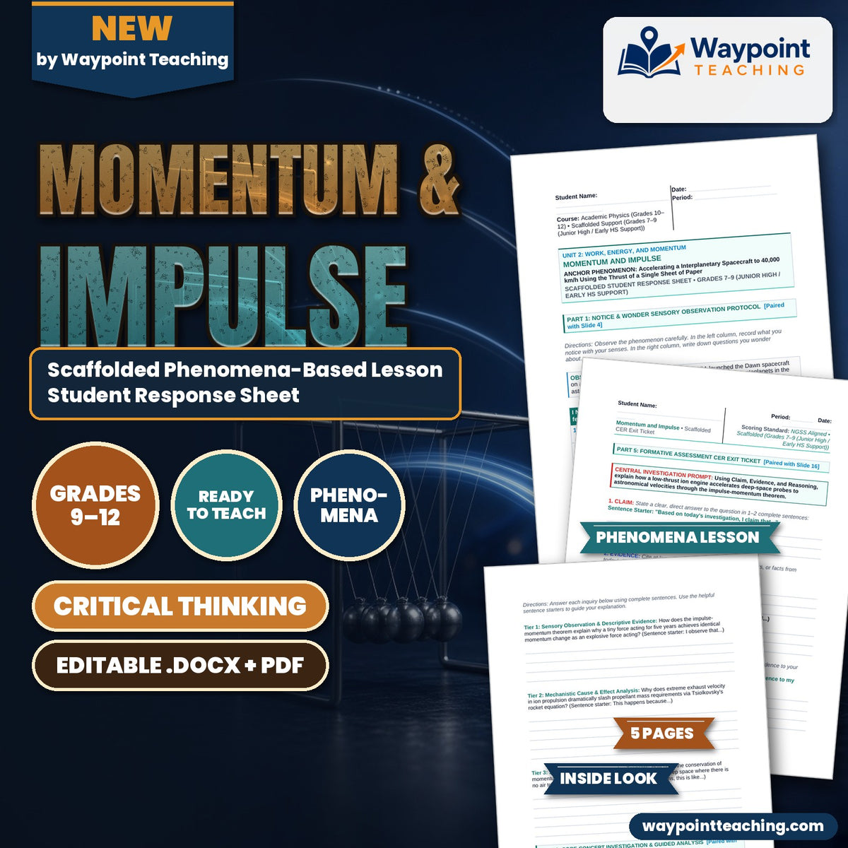 Momentum & Impulse Scaffolded Phenomena-Based Lesson: Accelerating a Interplanetary Spacecraft to 40,000 km/h Using the Thrust of a Single Sheet of Paper Student Response Sheet cover