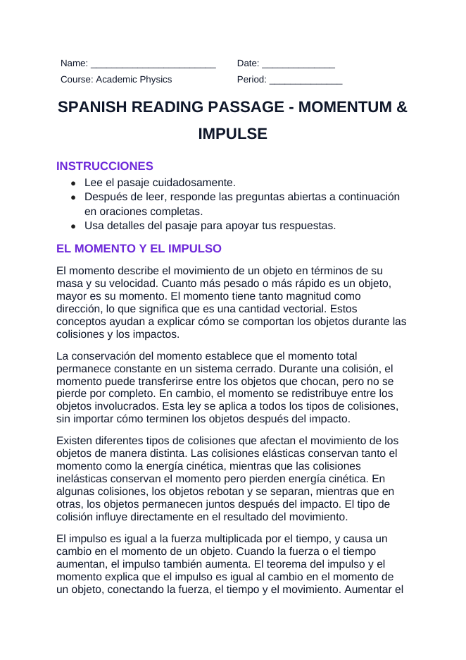 Momentum & Impulse Spanish Reading Passage & Comprehension Questions sample page