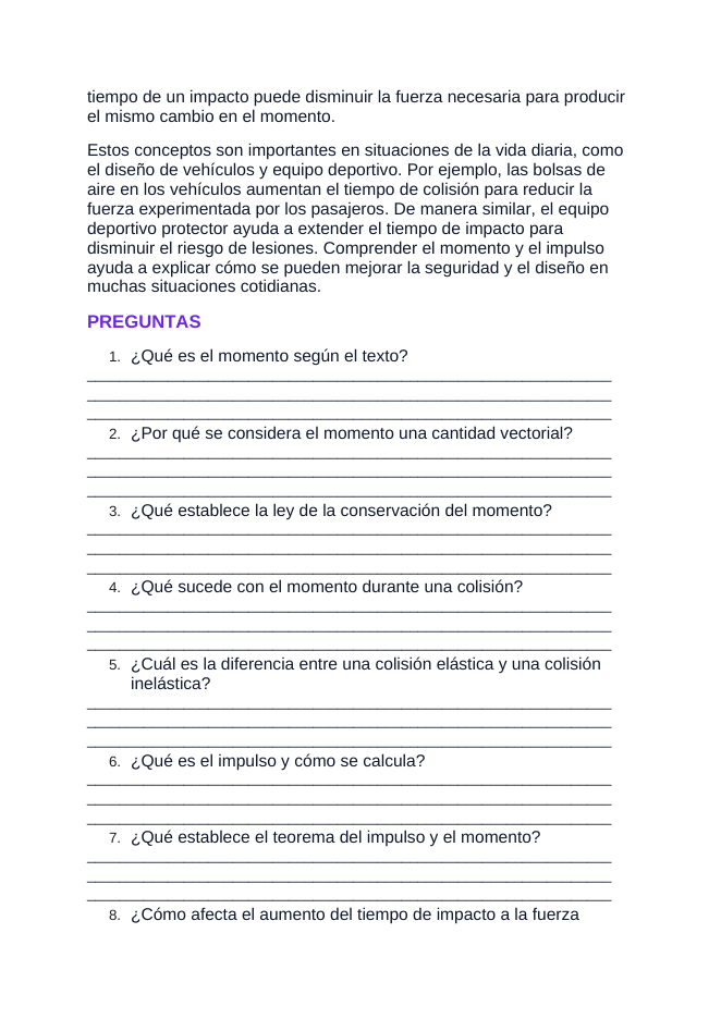 Momentum & Impulse Spanish Reading Passage & Comprehension Questions sample page