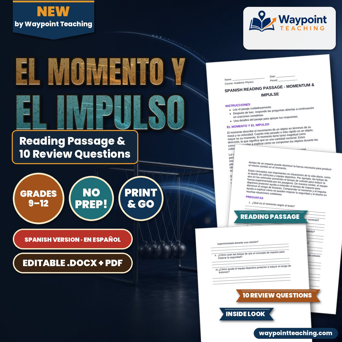 Momentum & Impulse Spanish Reading Passage & Comprehension Questions cover