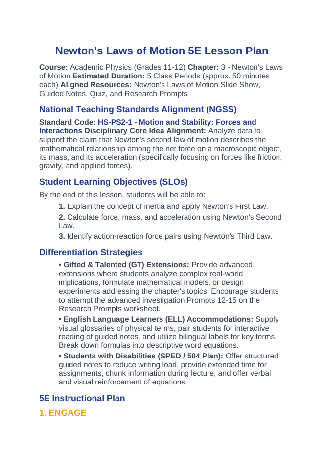 Newton's Laws of Motion 5E Lesson Plan sample page