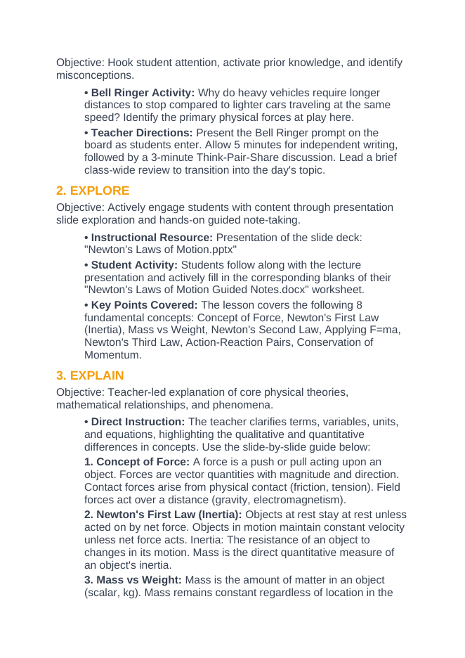 Newton's Laws of Motion 5E Lesson Plan sample page