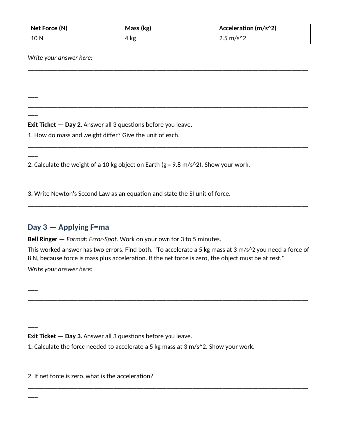 Newton's Laws of Motion Bell Ringers & Exit Tickets sample page