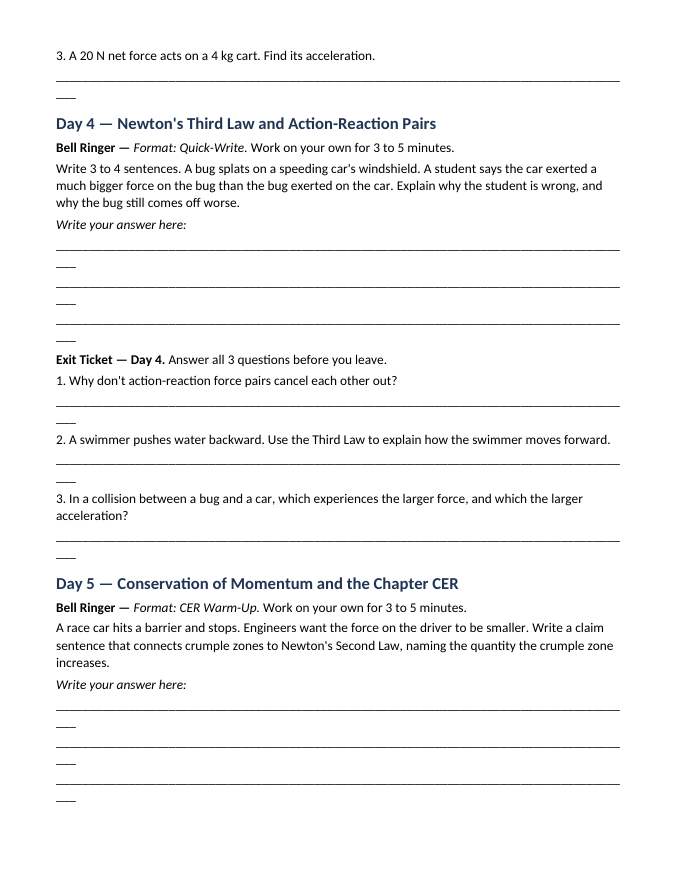 Newton's Laws of Motion Bell Ringers & Exit Tickets sample page