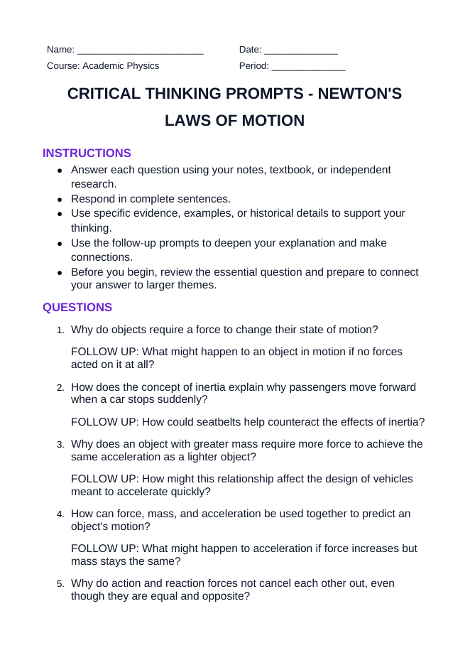 Newton's Laws of Motion Critical Thinking Prompts sample page